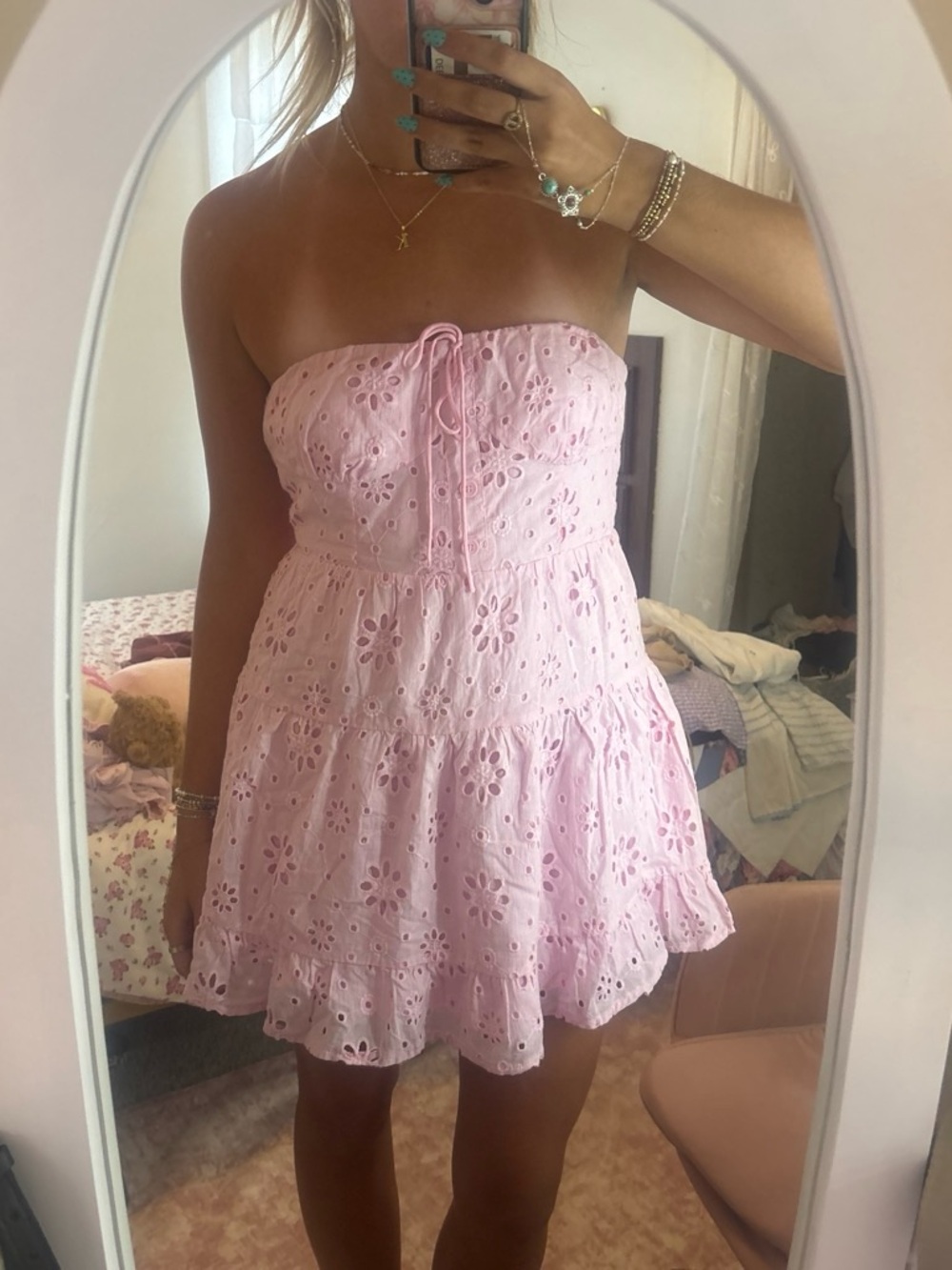 Forever 21 Pink Eyelet Strapless Tiered Mini Dress